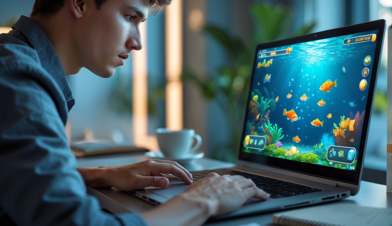 Seorang pria muda fokus bermain permainan tembak ikan online di laptop di dalam ruangan yang terang dengan latar belakang meja kerja dan alat tulis.