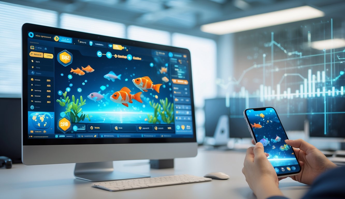 Seseorang menggunakan komputer dan ponsel untuk bermain permainan tembak ikan online dengan latar belakang kantor modern.