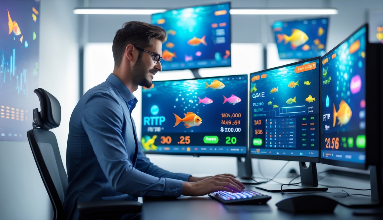 Seseorang menggunakan komputer dengan layar menampilkan permainan tembak ikan online dan data RTP di ruang kantor yang terang.
