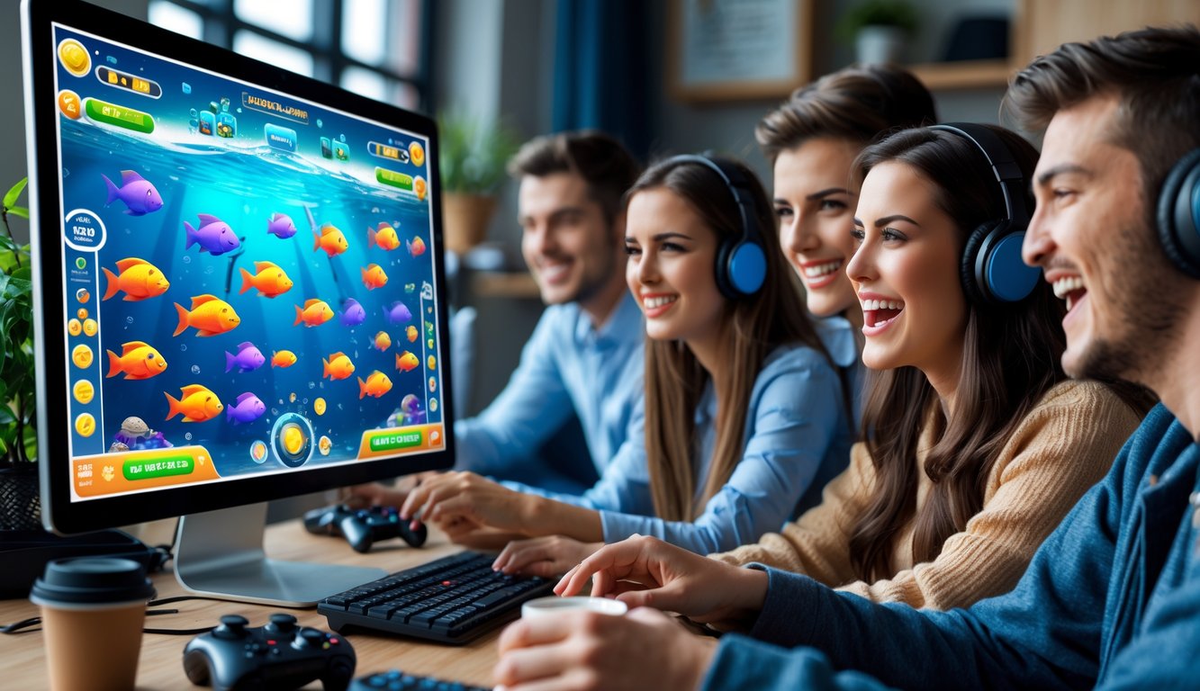 Beberapa orang muda sedang bermain game tembak ikan online di depan layar komputer dengan ekspresi fokus dan antusias.