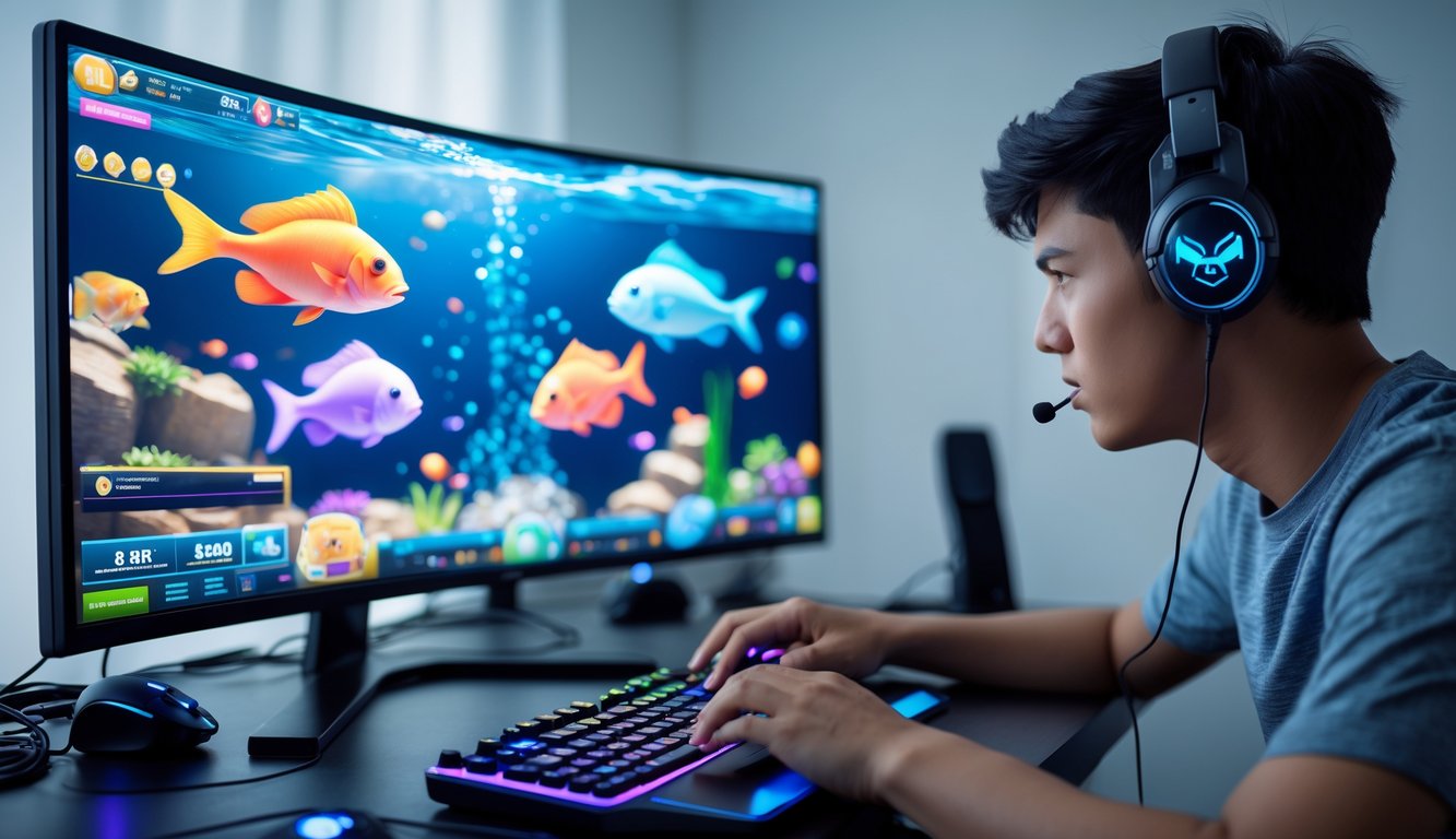 Seorang pria muda sedang fokus bermain permainan tembak ikan online di depan komputer dengan layar berwarna cerah menampilkan ikan-ikan animasi.