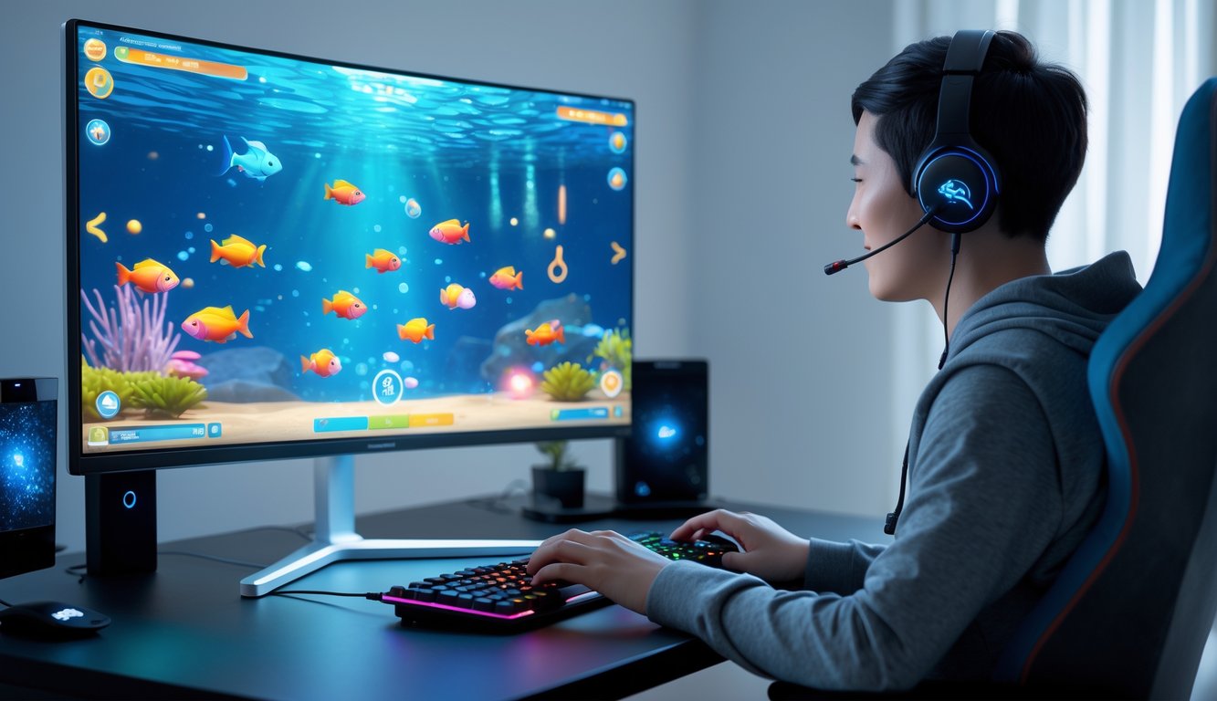 Seseorang duduk di depan komputer dengan layar menampilkan permainan tembak ikan online berwarna-warni di ruangan yang terang dan rapi.