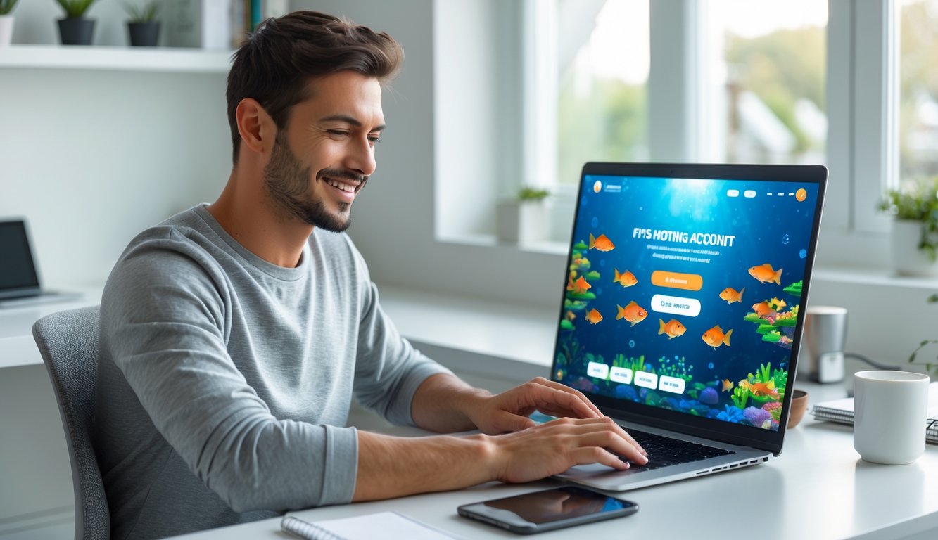 Seorang pria muda duduk di meja dengan laptop, tampak fokus dan tersenyum saat membuat akun secara efisien di ruang kerja yang terang dan rapi.
