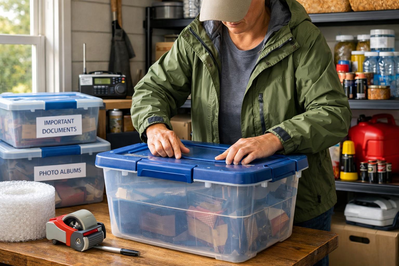 Person packing storage bins with belongings in a bright garage, preparing for a storm.