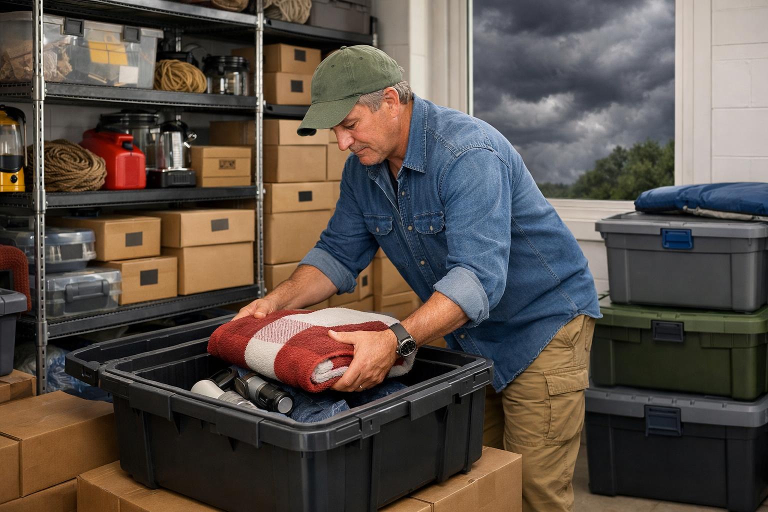 A person organizing belongings into waterproof storage bins in a garage with storm clouds visible outside the window.