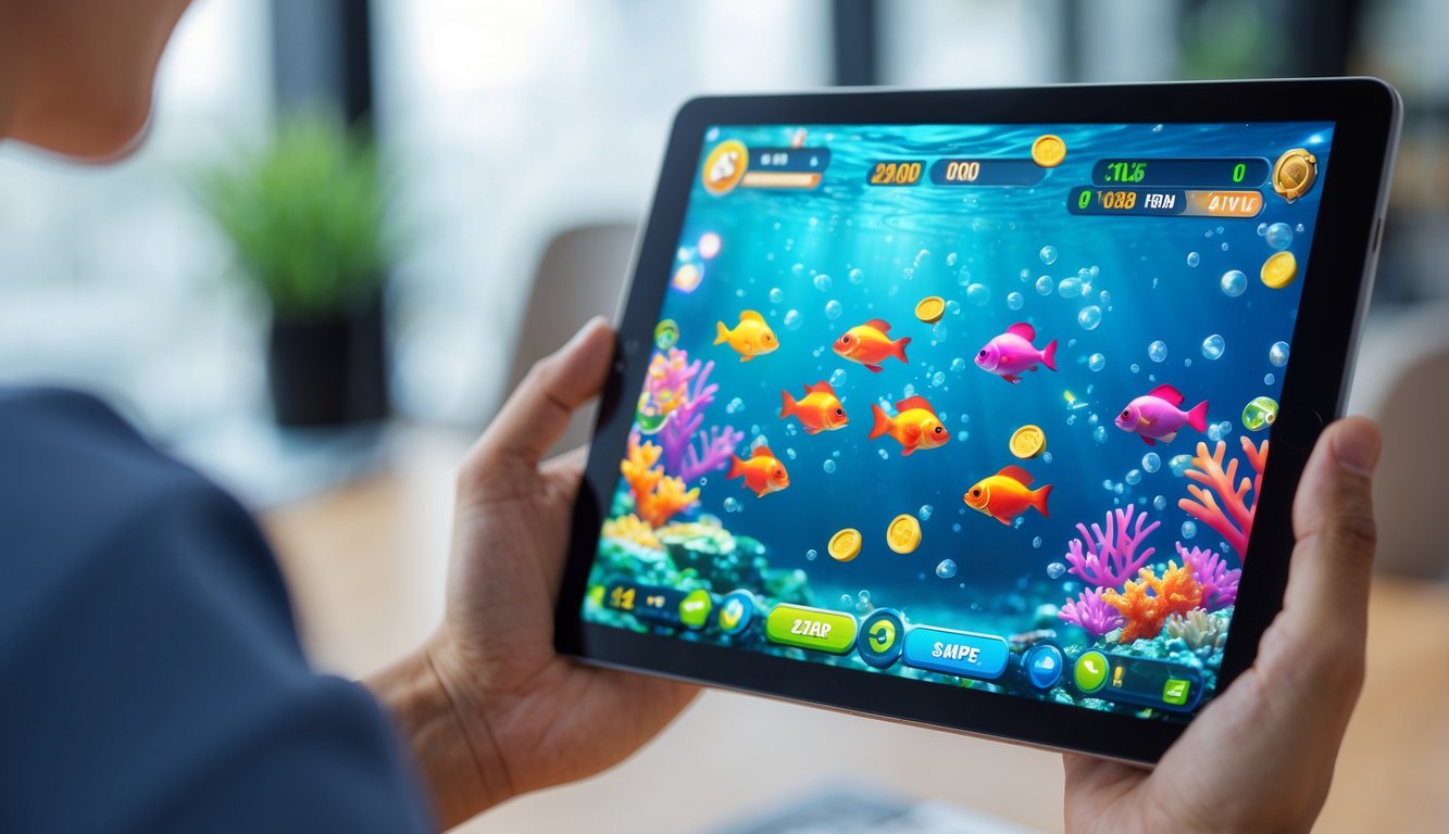 Seseorang memegang tablet yang menampilkan permainan menembak ikan dengan latar bawah laut berwarna-warni dan elemen permainan digital.