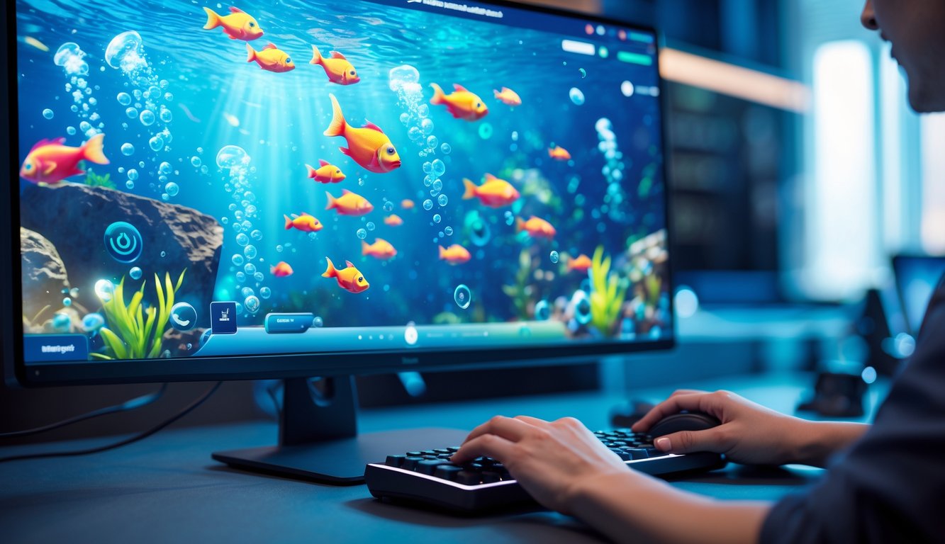 Seseorang sedang bermain game tembak ikan online di depan komputer dengan layar menampilkan grafis ikan warna-warni di bawah laut.