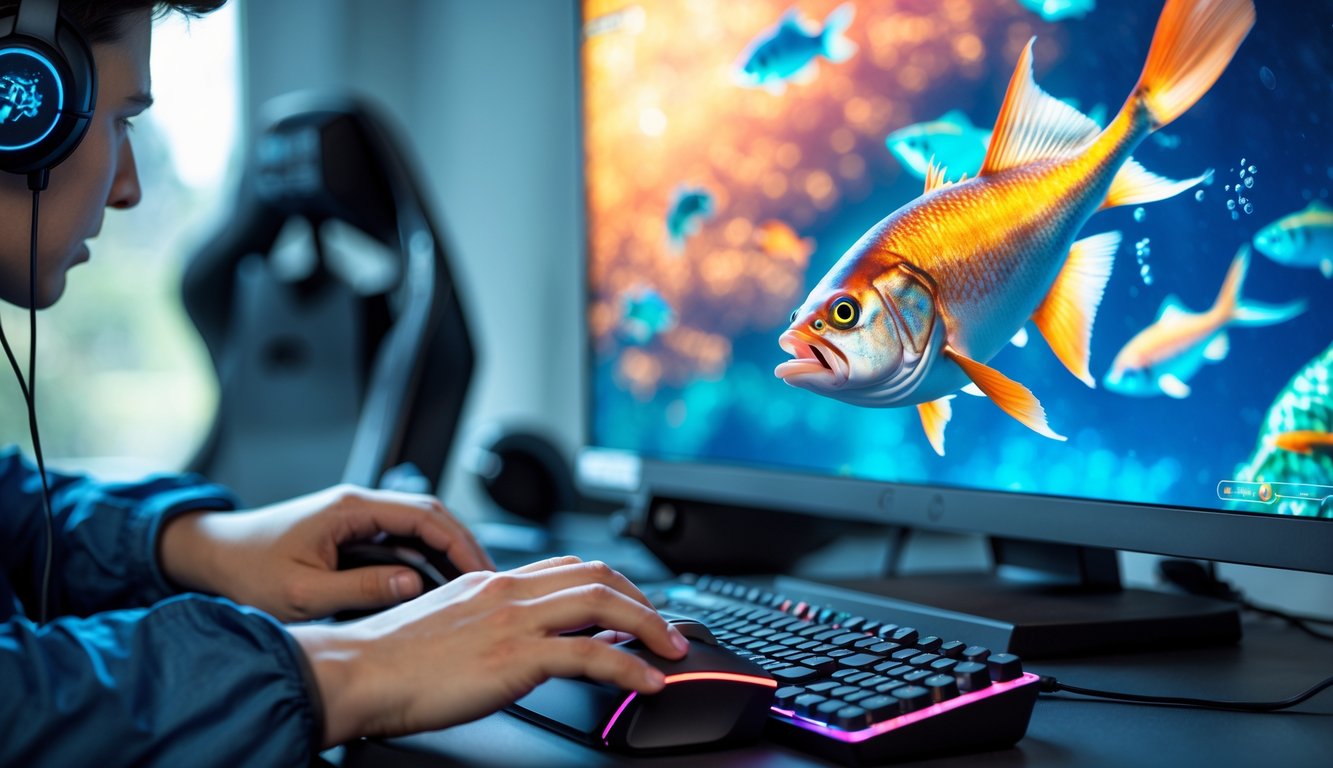 Seorang pemain sedang fokus bermain game memancing ikan besar di komputer dengan layar menampilkan grafis ikan berwarna-warni.