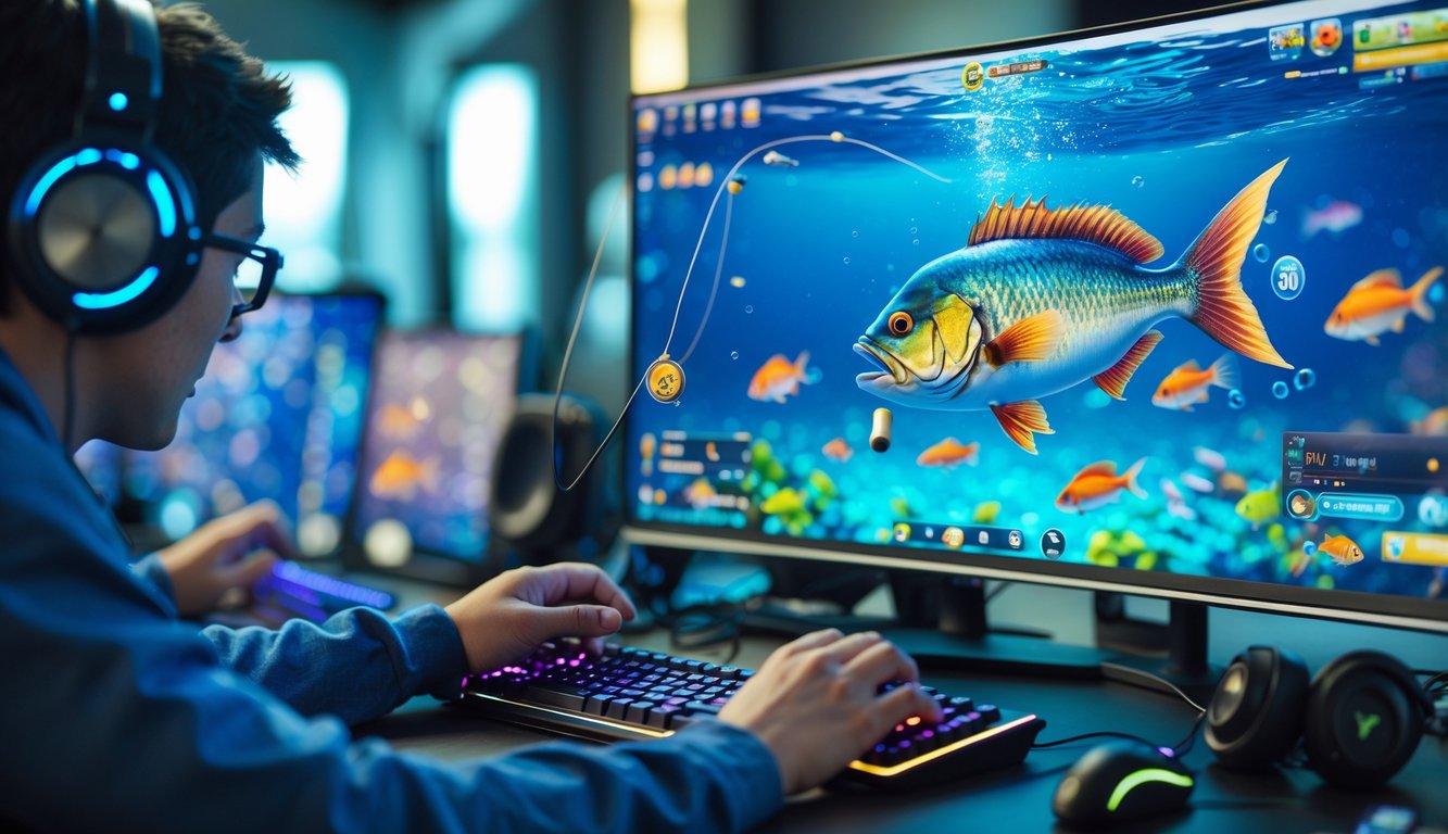 Seorang pemain sedang bermain game memancing di komputer dengan layar menampilkan ikan besar di bawah air dan alat permainan di sekitarnya.