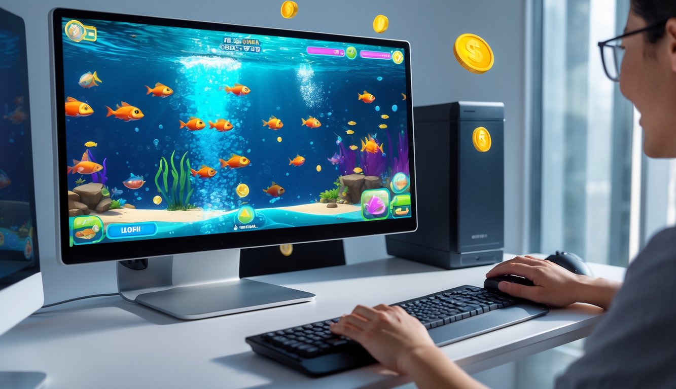 Seseorang sedang bermain game tembak ikan di komputer dengan latar belakang layar menampilkan ikan berwarna-warni dan efek air.