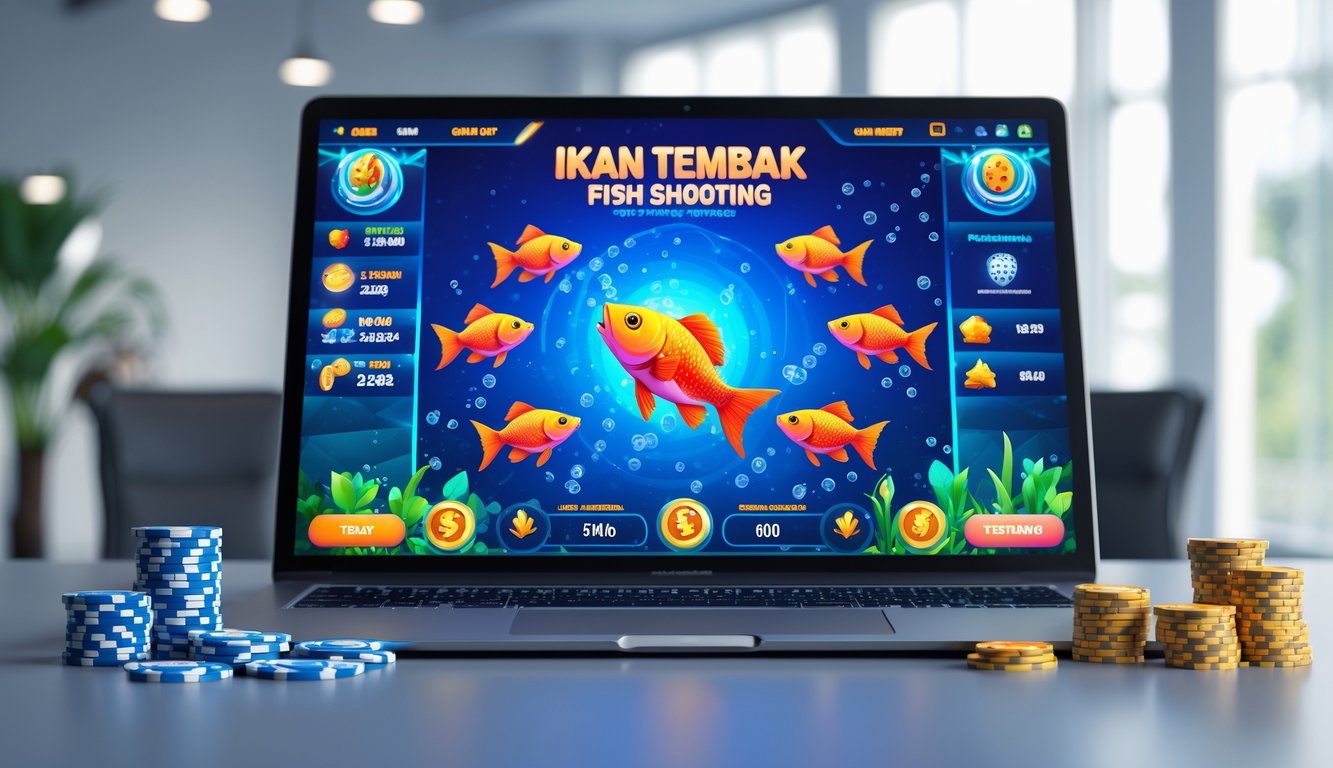 Seorang pengguna bermain permainan judi tembak ikan online di komputer dengan latar belakang kantor yang rapi dan terang.