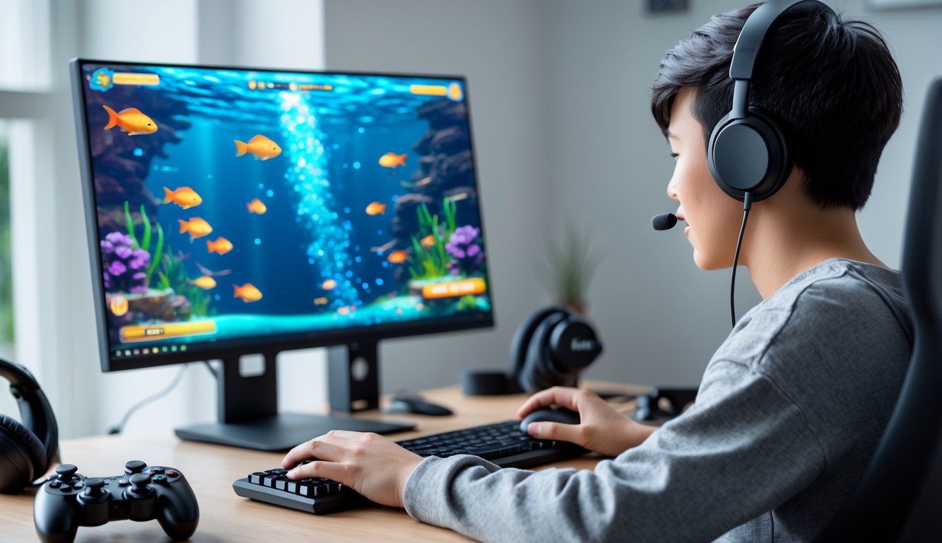 Seorang dewasa muda sedang bermain game tembak ikan online di komputer di ruang kerja yang terang dan rapi.