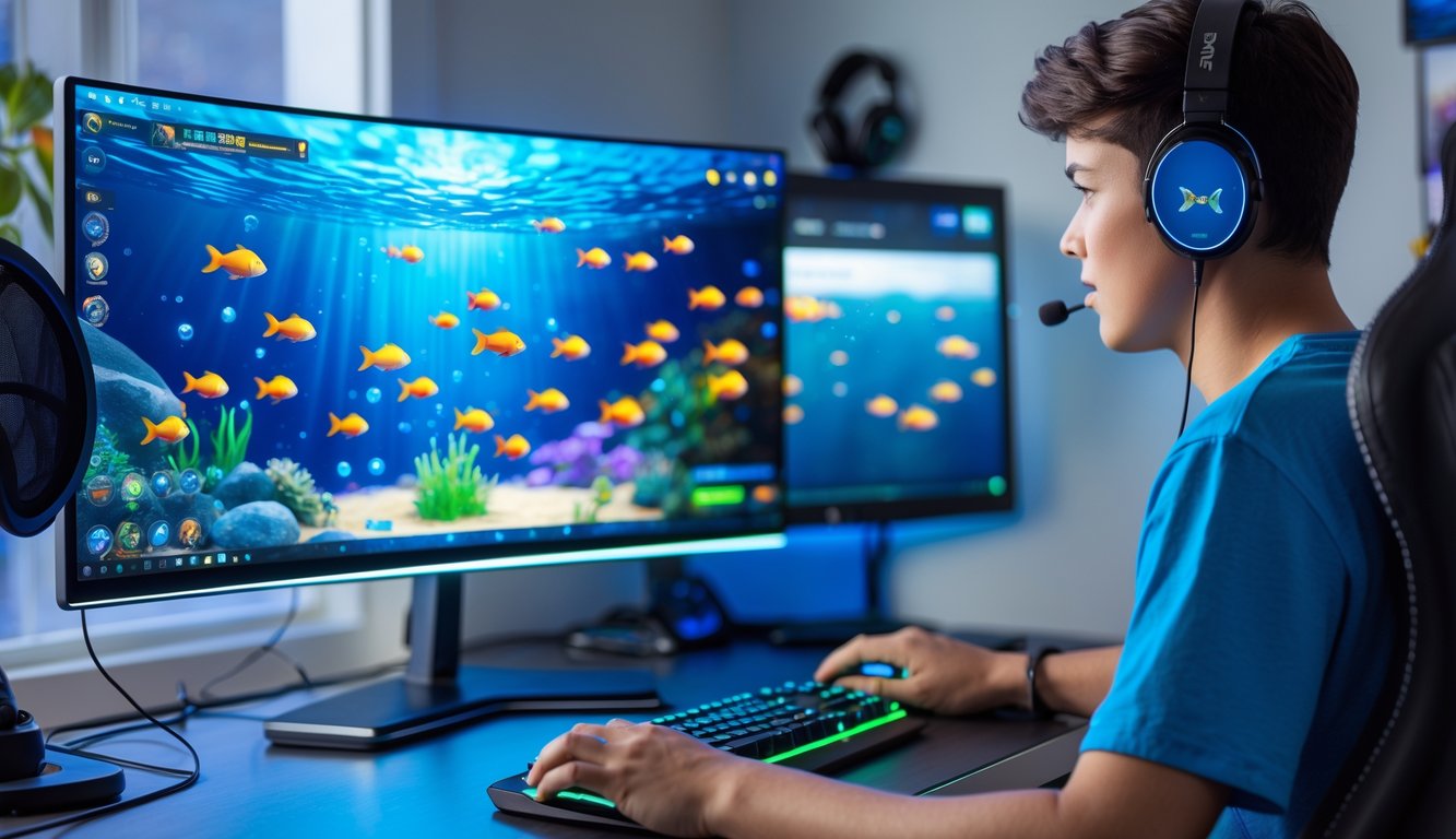 Seorang pria muda sedang bermain permainan tembak ikan online di komputer di sebuah ruangan yang terang dan nyaman.