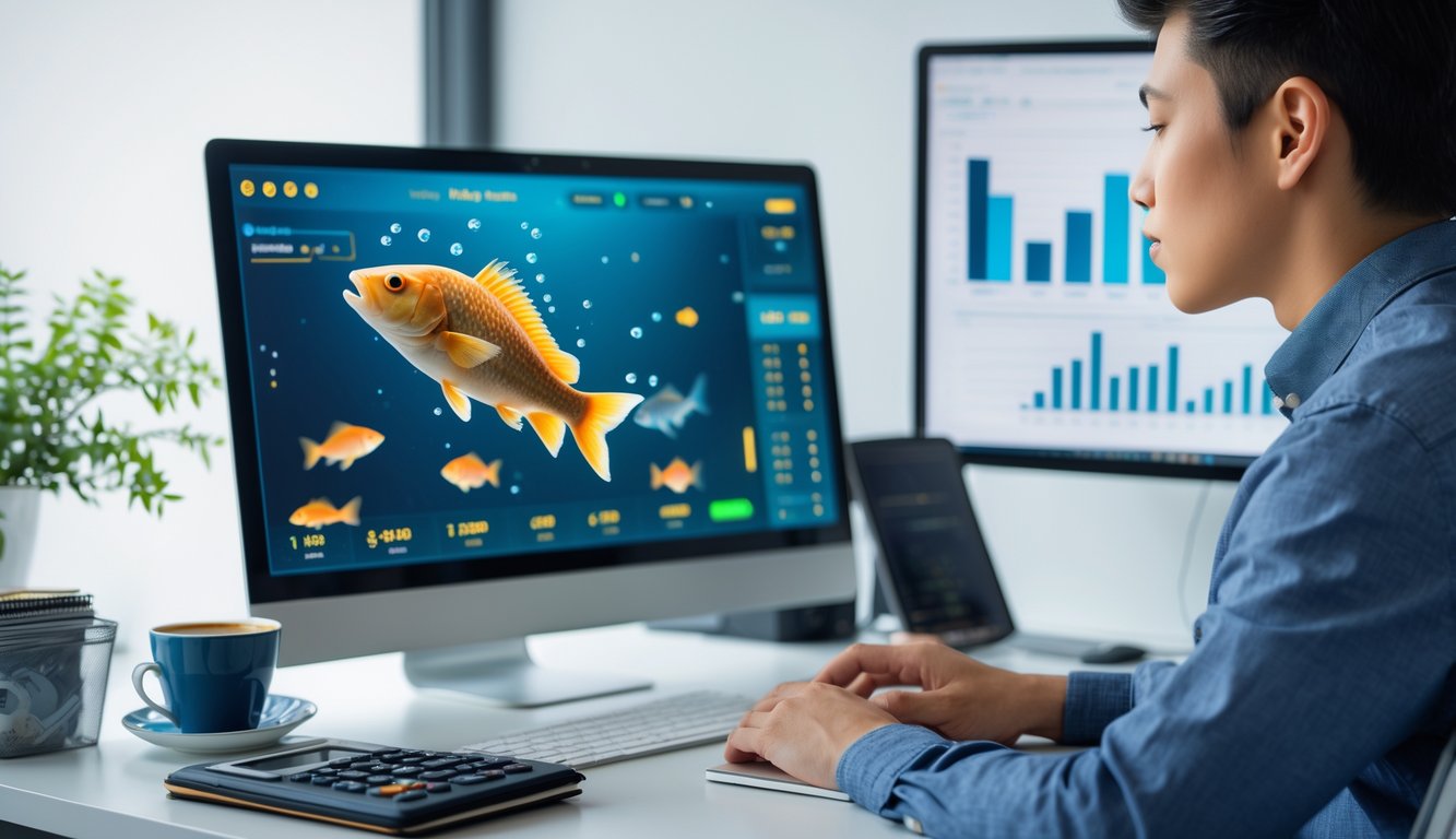 Seorang dewasa muda duduk di meja modern sambil bermain permainan tembak ikan online dengan fokus dan mengatur anggaran keuangan.