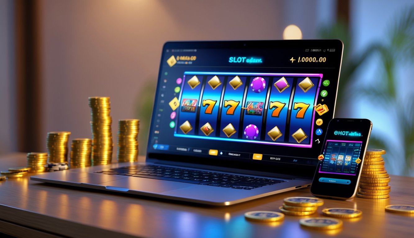 Laptop dan smartphone menampilkan mesin slot online dengan koin emas dan chip poker di atas meja kayu.