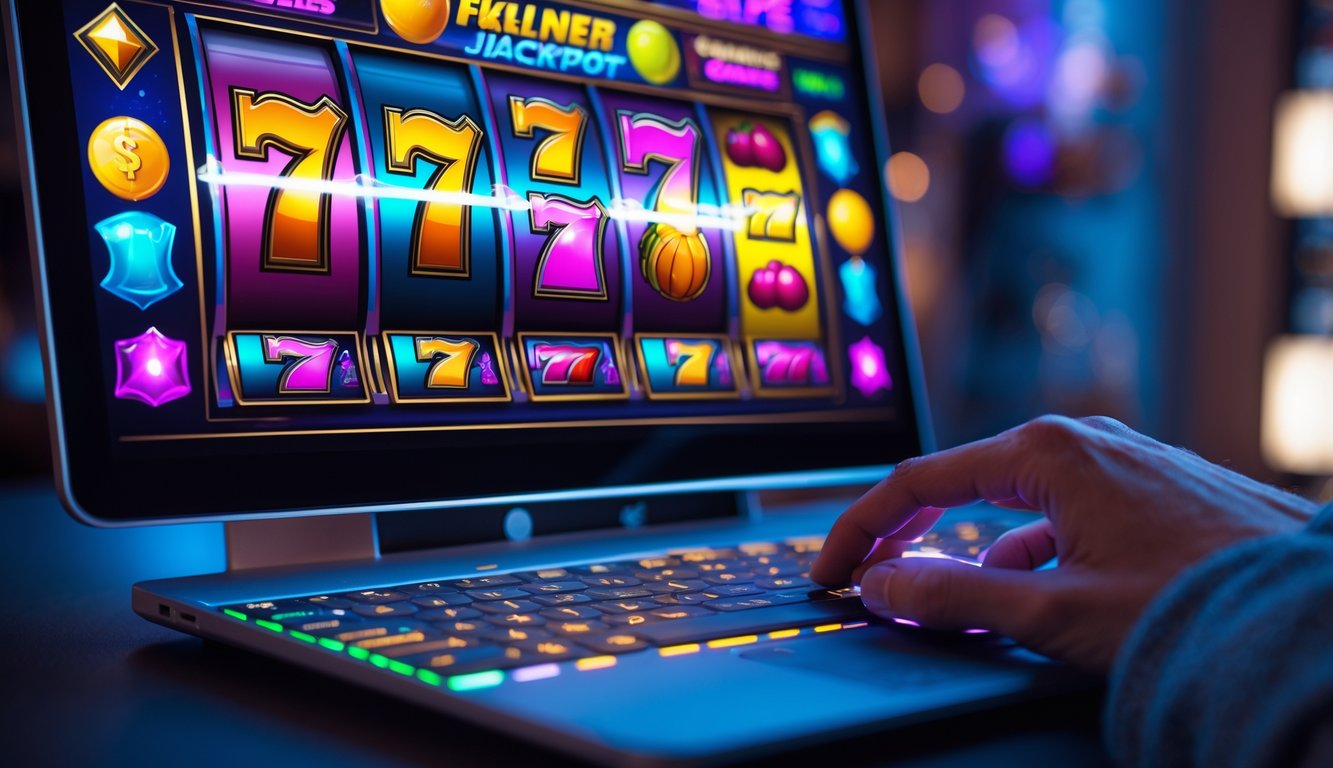 Seseorang bermain slot online di komputer dengan layar menampilkan mesin slot berwarna cerah dan simbol kemenangan.