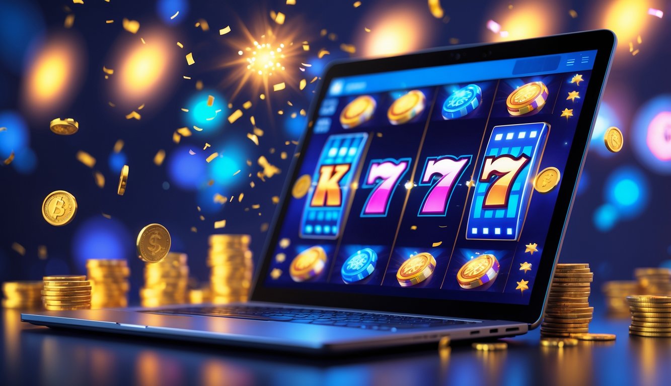 Suasana kasino online malam hari dengan layar komputer menampilkan mesin slot berwarna cerah dan koin serta confetti jatuh sebagai tanda kemenangan.