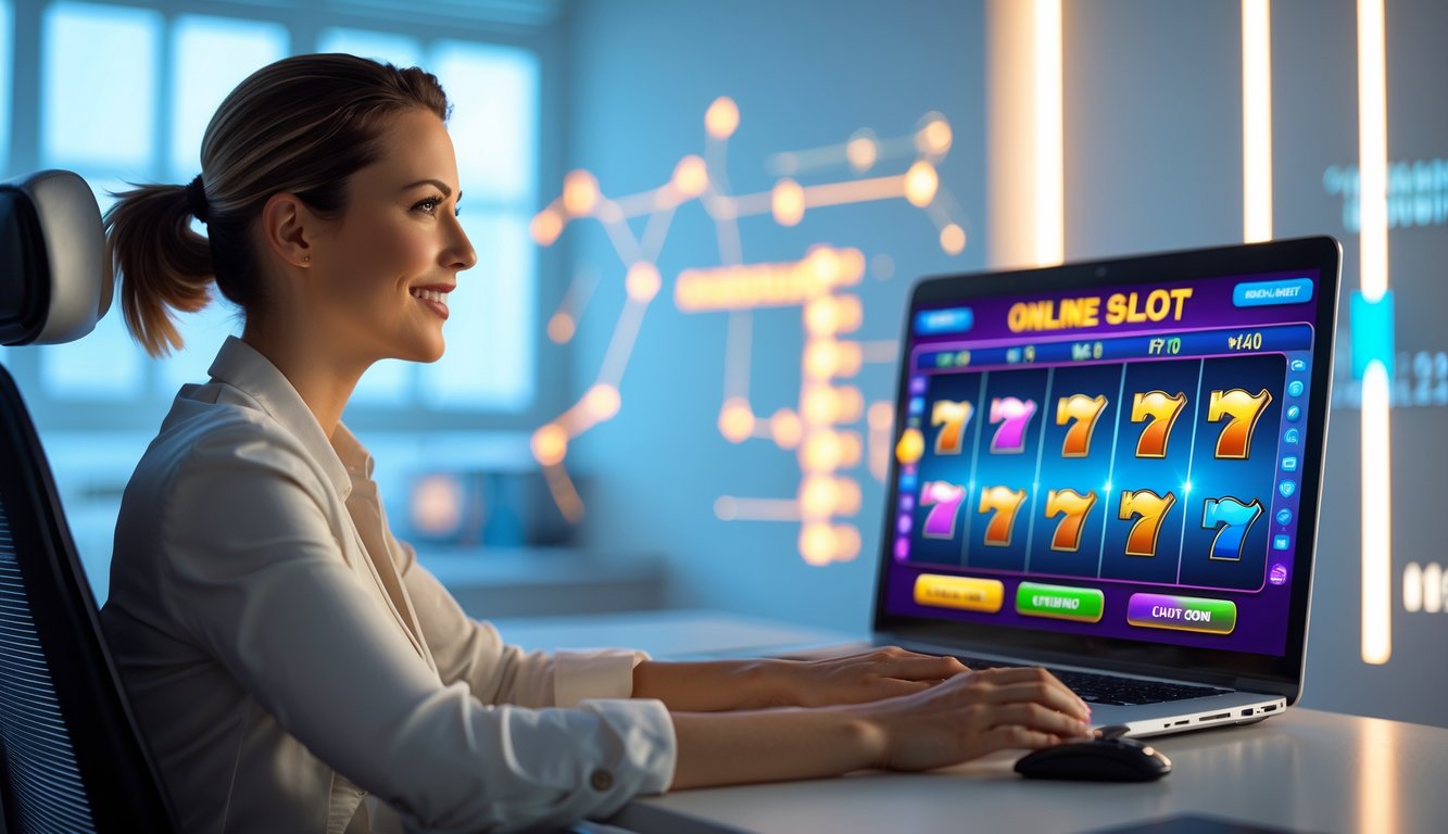 Seseorang duduk di meja kerja modern dengan laptop yang menampilkan permainan slot online berwarna-warni, terlihat fokus dan percaya diri.