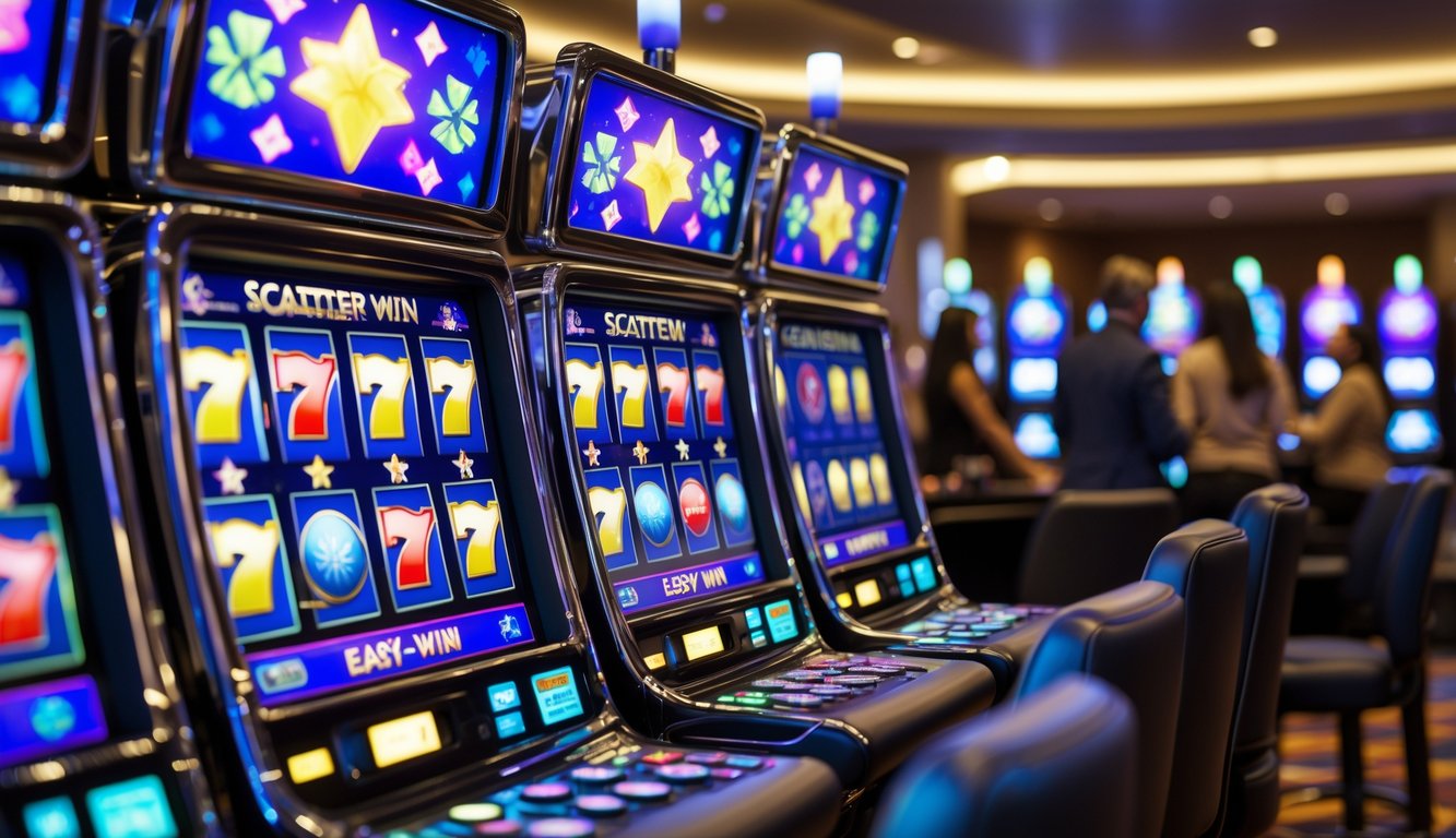 Area mesin slot kasino modern dengan beberapa mesin slot berwarna-warni yang menampilkan pola scatter, dengan beberapa pemain sedang bermain di latar belakang.