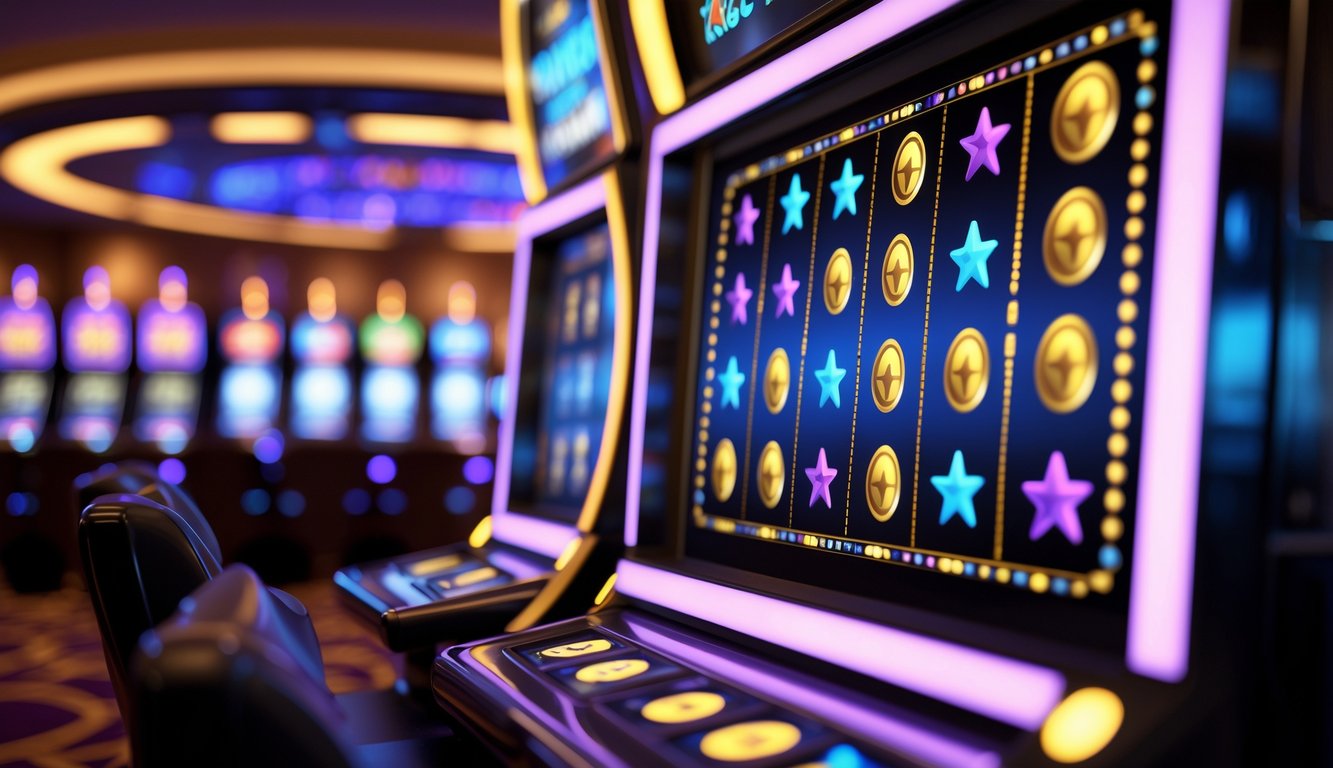 Mesin slot modern dengan simbol scatter berwarna cerah yang menunjukkan pola kemenangan di dalam kasino yang terang dan hangat.