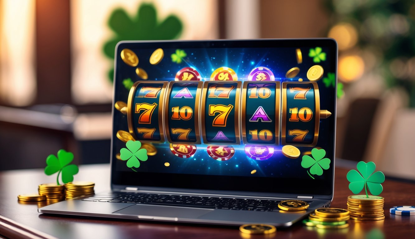 Sebuah laptop dengan tampilan permainan slot berwarna-warni di meja kayu, dikelilingi koin emas dan chip poker, menggambarkan suasana keberuntungan dan kemenangan dalam permainan slot online.