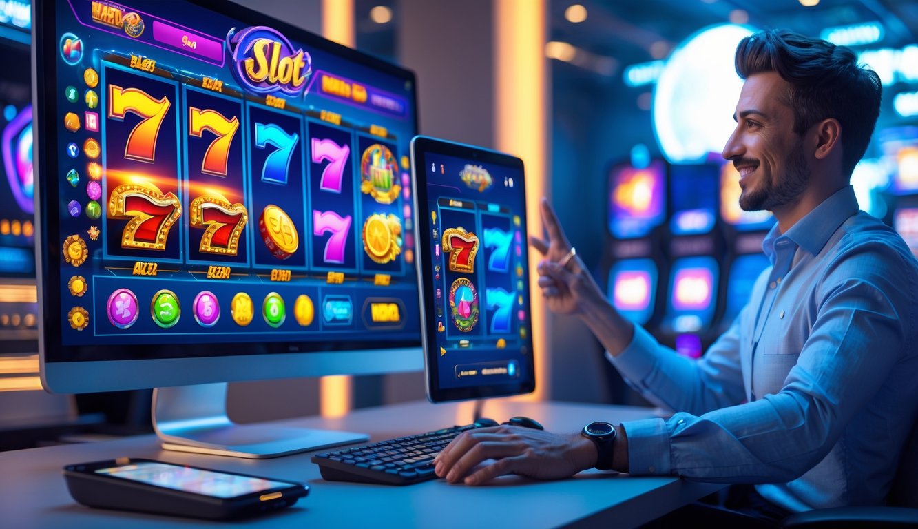 Seorang pria menggunakan komputer dan ponsel untuk bermain permainan slot online dengan latar belakang teknologi digital.