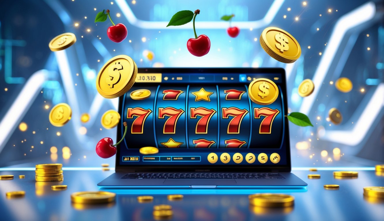 Layar laptop menampilkan permainan slot online dengan simbol warna-warni dan koin emas di sekitarnya, menunjukkan suasana permainan yang menarik dan penuh bonus.