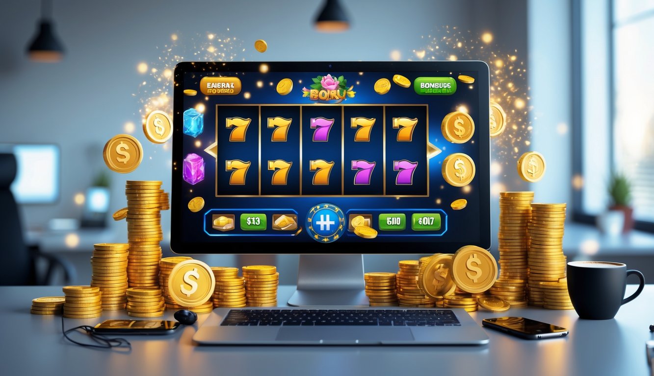 Seorang pemain duduk di depan komputer dengan layar menampilkan permainan slot online yang penuh warna dan simbol kemenangan, dikelilingi oleh koin emas dan suasana ruang kerja yang nyaman.