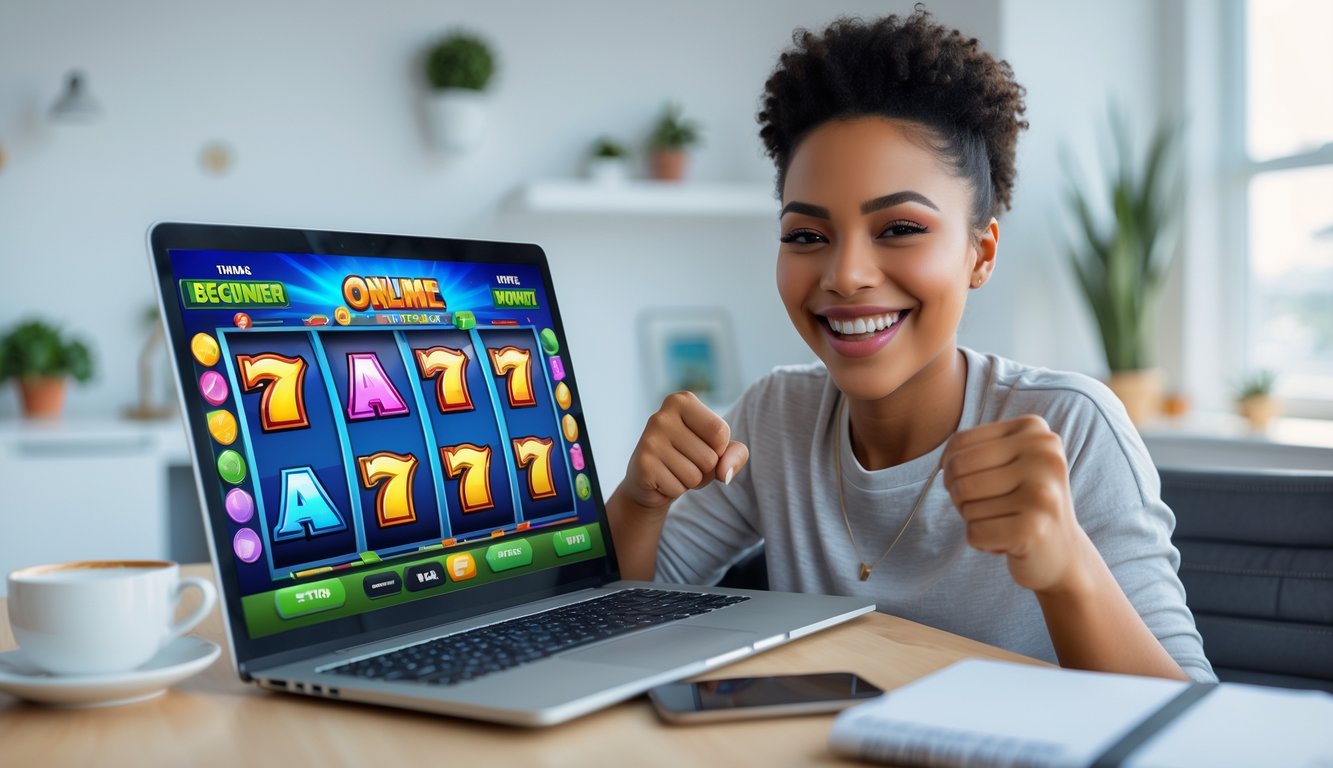 Seseorang muda sedang bermain game slot online di laptop dengan ekspresi senang di ruang kerja yang terang dan rapi.