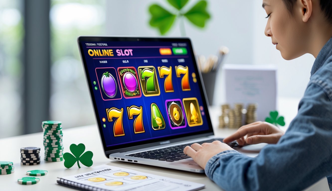 Seorang pemuda sedang menggunakan laptop yang menampilkan permainan slot online dengan simbol warna-warni di meja kerja yang rapi dan terang.