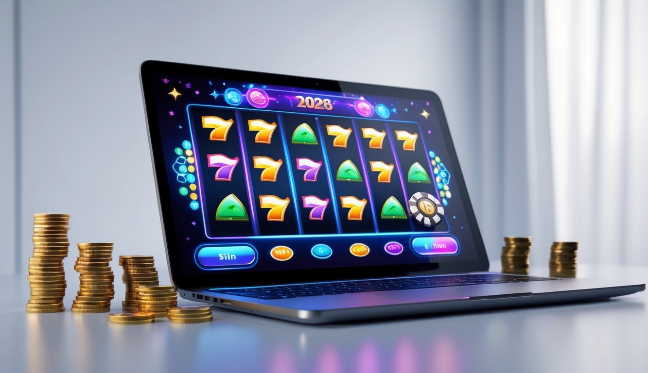 Seorang pemain sedang menggunakan komputer dengan tampilan permainan slot online yang berwarna-warni dan simbol mesin slot, dengan beberapa koin di dekatnya.