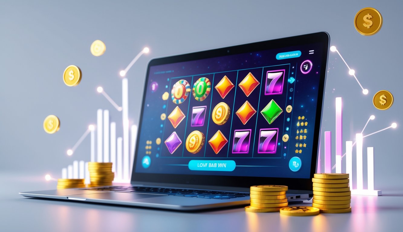 Seorang pengguna sedang melihat layar komputer dengan permainan slot online yang menampilkan simbol warna-warni dan koin yang bersinar di sekitarnya.