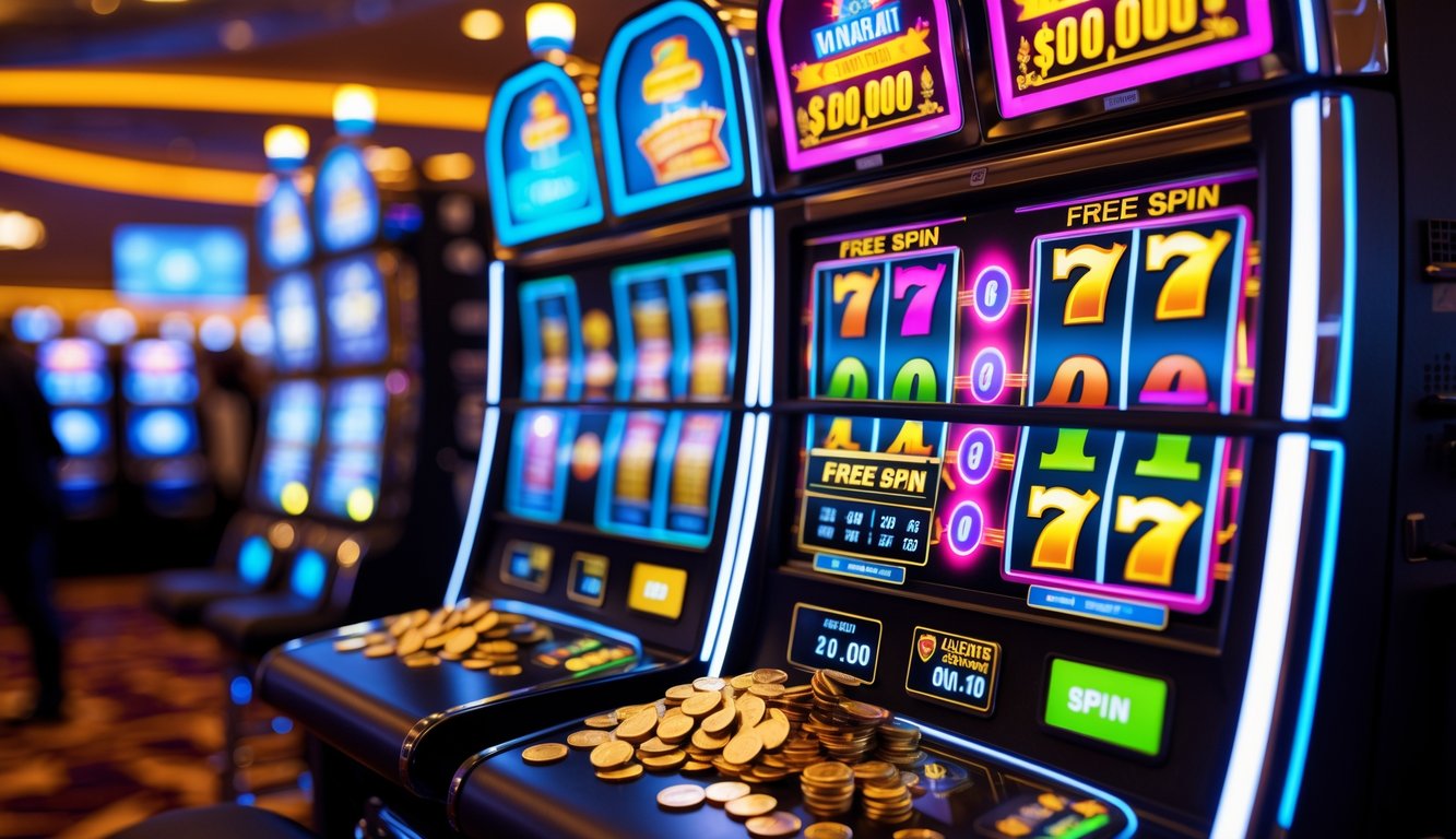 Mesin slot modern yang menyala dengan koin keluar dan suasana kasino yang ramai di latar belakang.