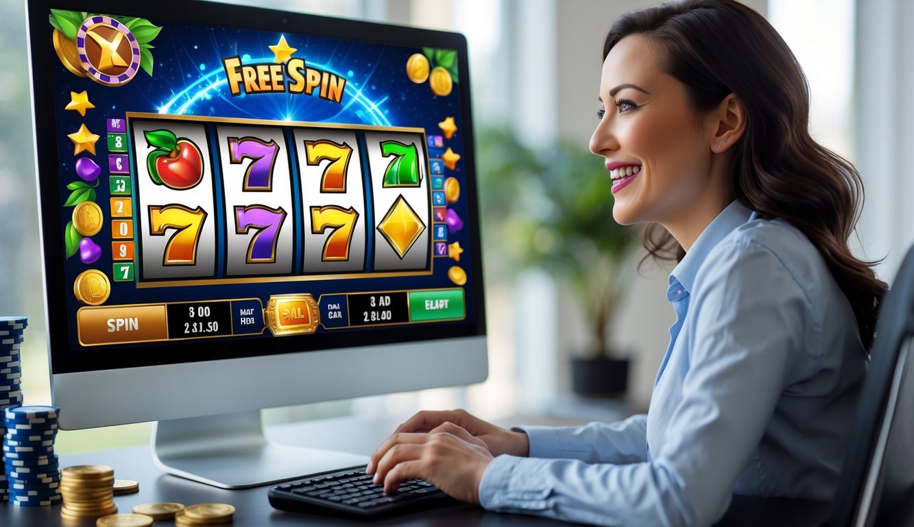 Seorang pemain dewasa sedang bermain game slot online di komputer dengan tampilan fitur free spin dan simbol jackpot yang berwarna-warni.