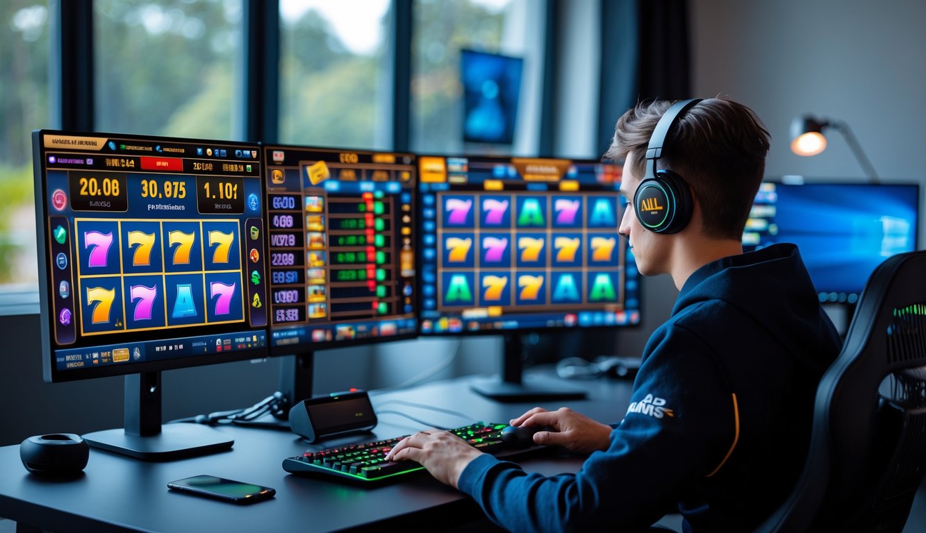 Seorang pria duduk di depan komputer dengan beberapa layar menampilkan permainan slot dan grafik strategi, di ruang kerja yang rapi dan terang.