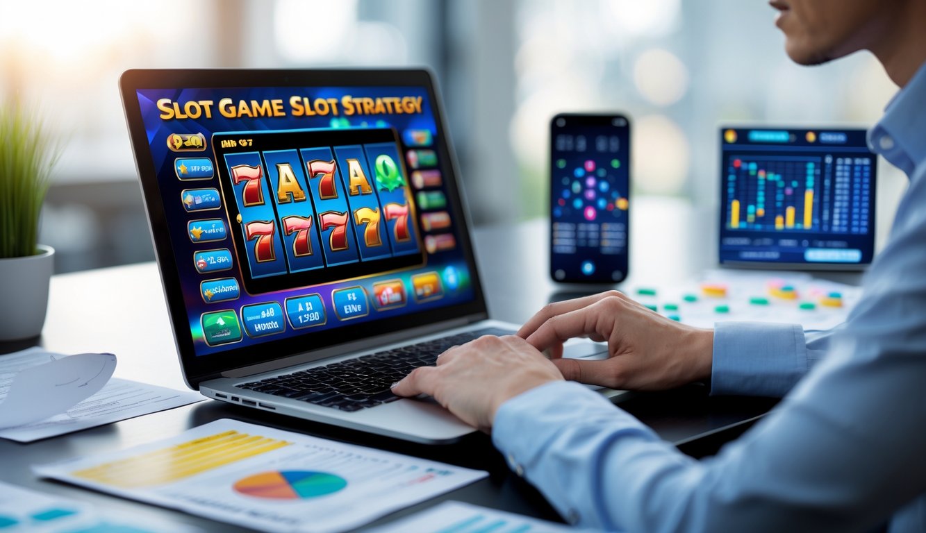 Seseorang sedang fokus menggunakan laptop dengan permainan slot online di layar, dikelilingi catatan dan grafik strategi permainan.