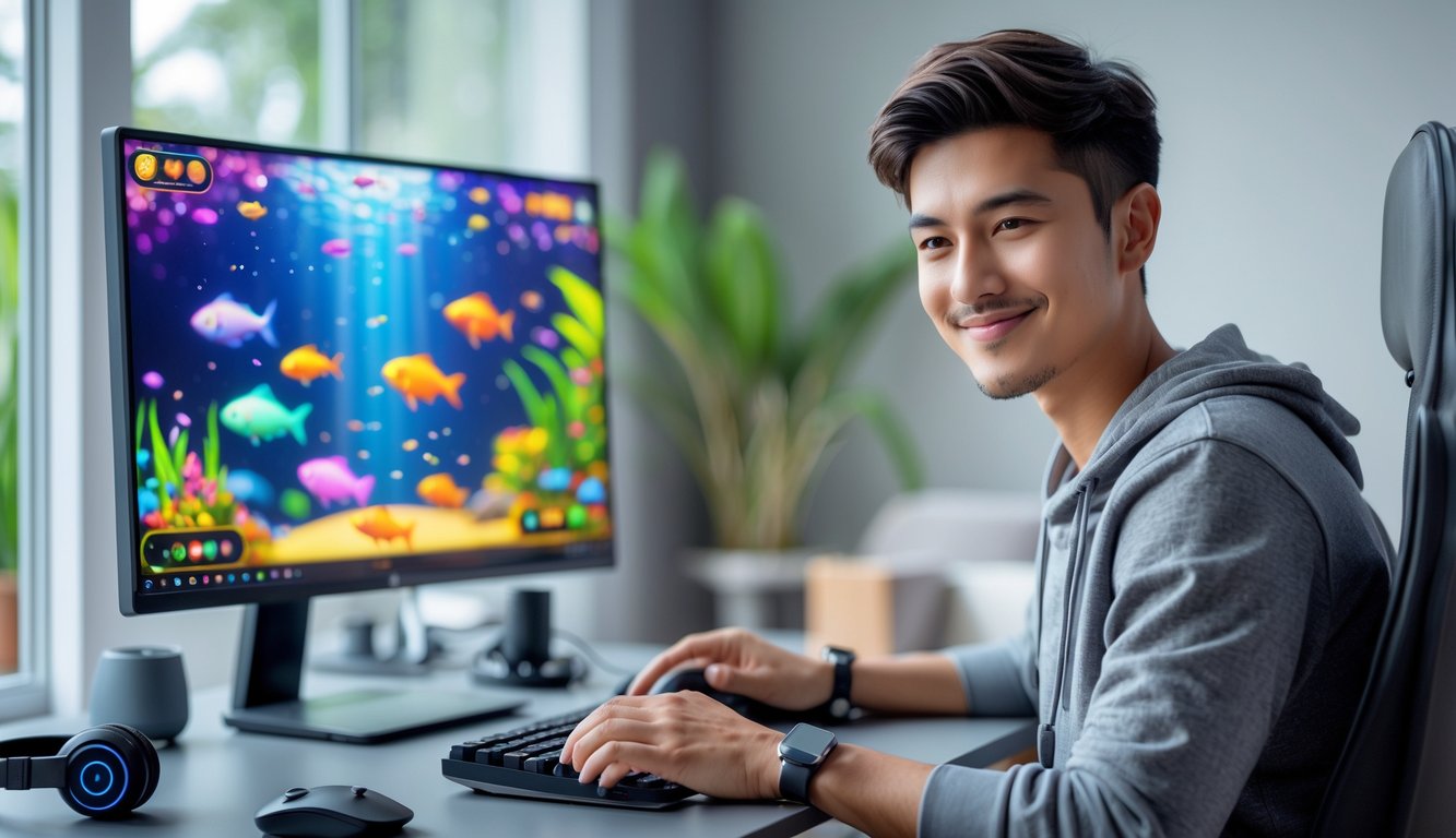 Seorang pria muda duduk di meja dengan komputer yang menampilkan permainan tembak ikan, terlihat fokus dan santai di ruang kerja rumah.