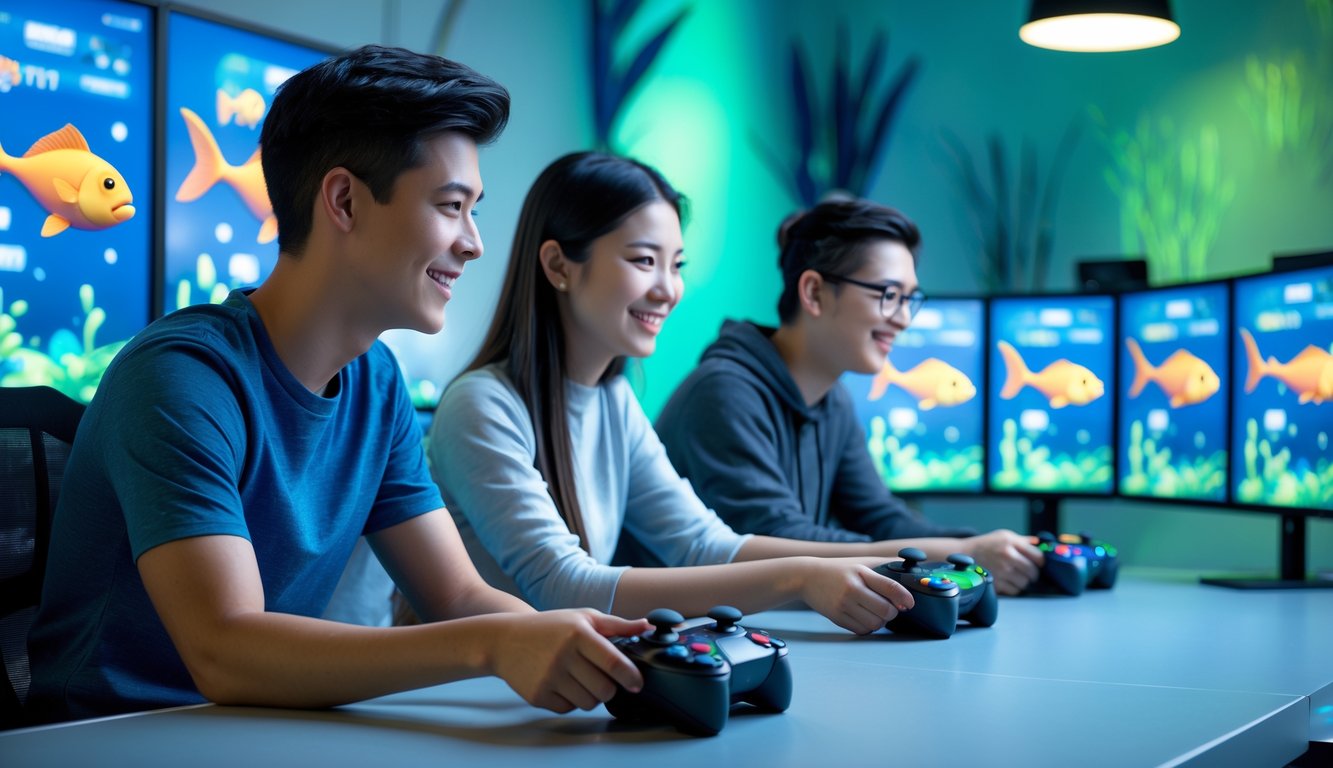 Dua orang muda sedang bermain permainan tembak ikan di meja dengan layar digital berwarna-warni menampilkan ikan-ikan di bawah laut.