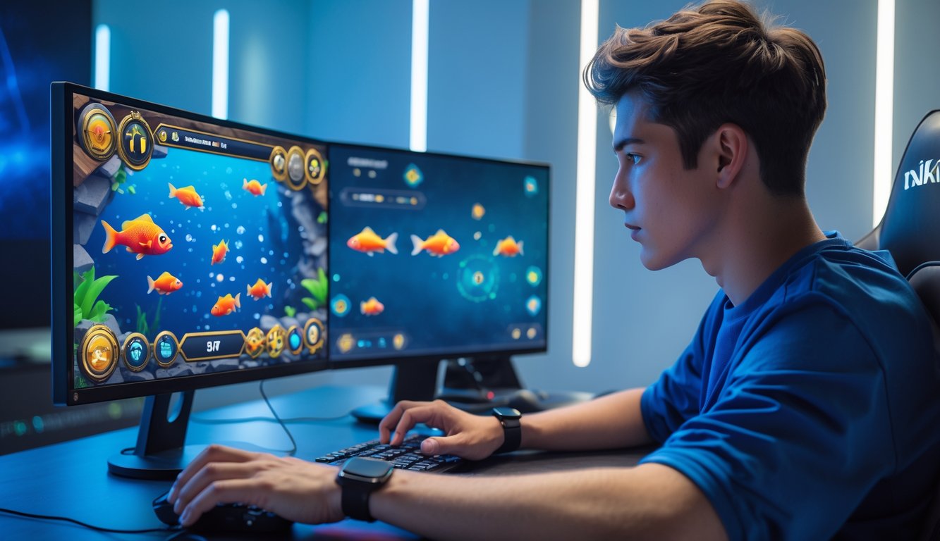 Seorang pria muda duduk di depan komputer dengan layar menampilkan permainan tembak ikan online yang berwarna-warni, tampak fokus dan serius bermain.