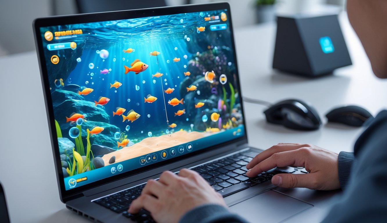 Seorang pemain menggunakan komputer untuk bermain game tembak ikan online dengan layar menampilkan ikan berwarna-warni di bawah laut.