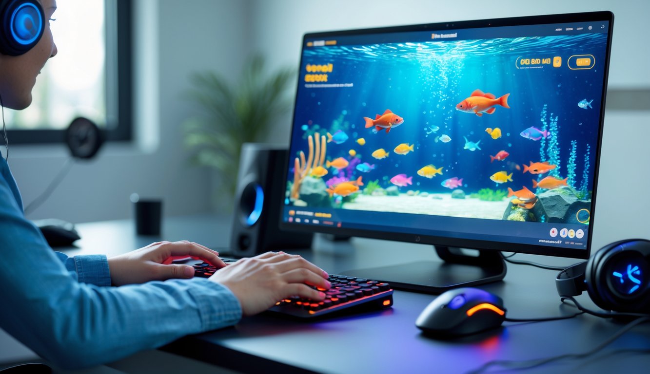 Seseorang bermain game tembak ikan di komputer dengan latar ruangan yang rapi dan terang.