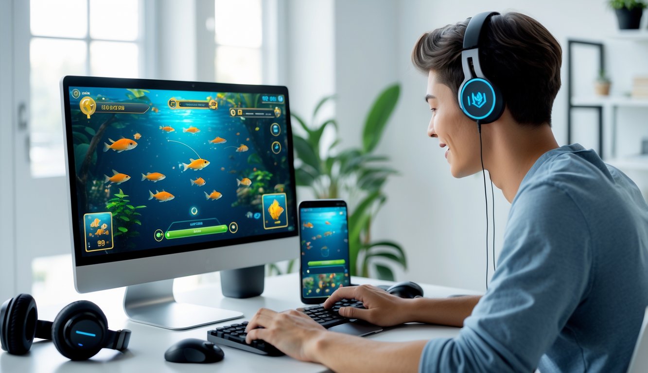 Seorang pria muda sedang bermain game tembak ikan online di komputer dalam ruangan kerja yang rapi dan terang.