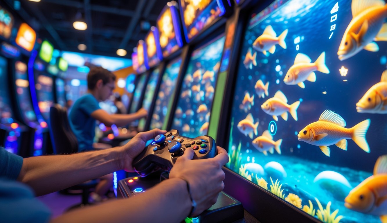 Seorang pemain sedang fokus bermain permainan tembak ikan di arcade dengan layar penuh ikan berwarna-warni dan kontroler di tangan.