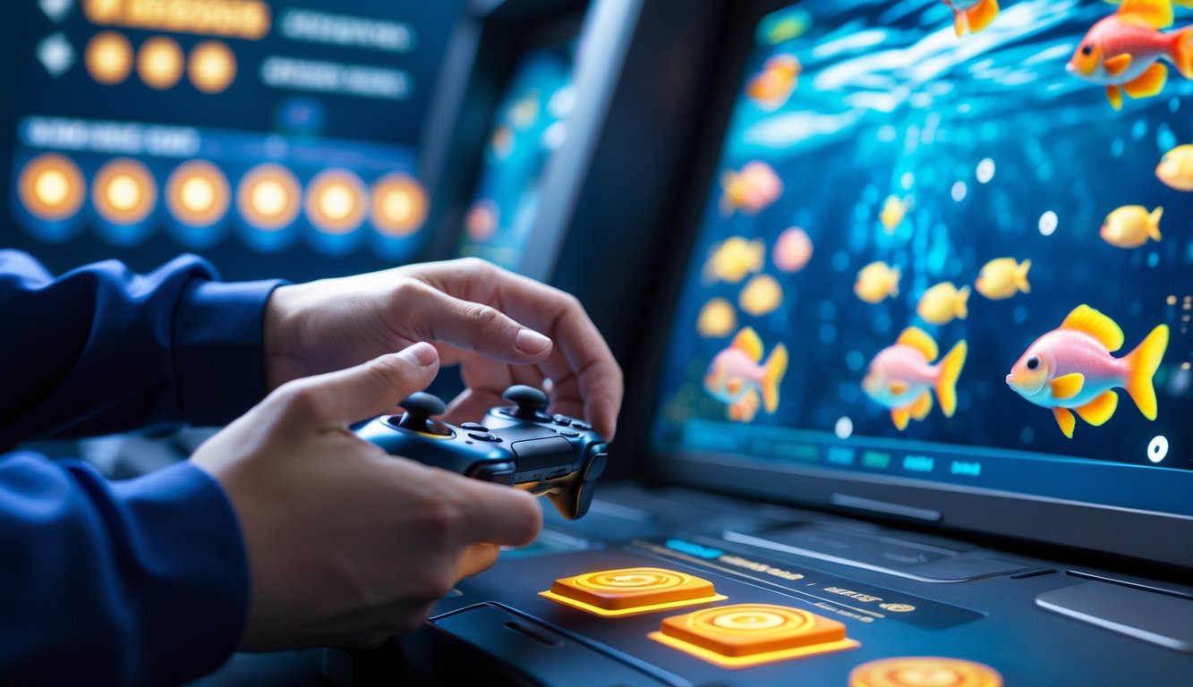 Seseorang sedang bermain permainan tembak ikan di perangkat digital dengan latar belakang grafis ikan berwarna-warni dan elemen strategi.