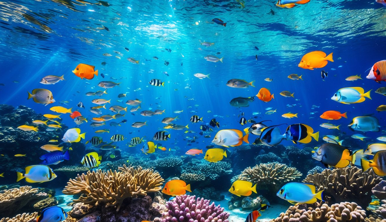 Pemandangan bawah laut yang penuh dengan ikan tropis berwarna-warni berenang di antara terumbu karang.