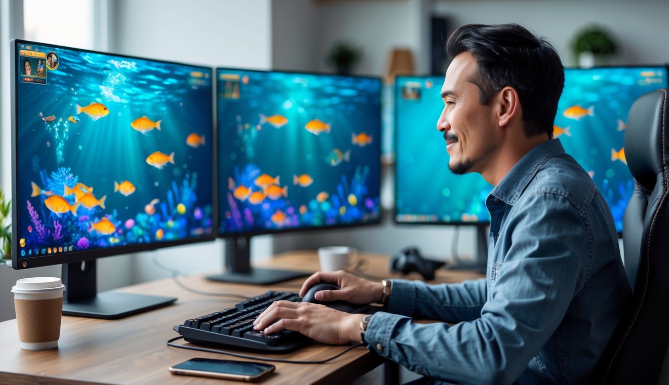 Seorang pria sedang fokus bermain permainan tembak ikan online di komputer dengan layar penuh warna ikan dan efek tembakan, di ruang kerja rumah yang rapi.