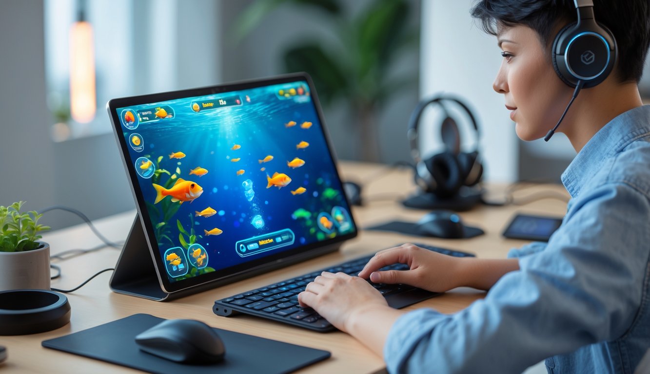 Seseorang sedang bermain permainan tembak ikan online di komputer dengan tampilan layar penuh ikan berwarna-warni di ruang kerja yang rapi.