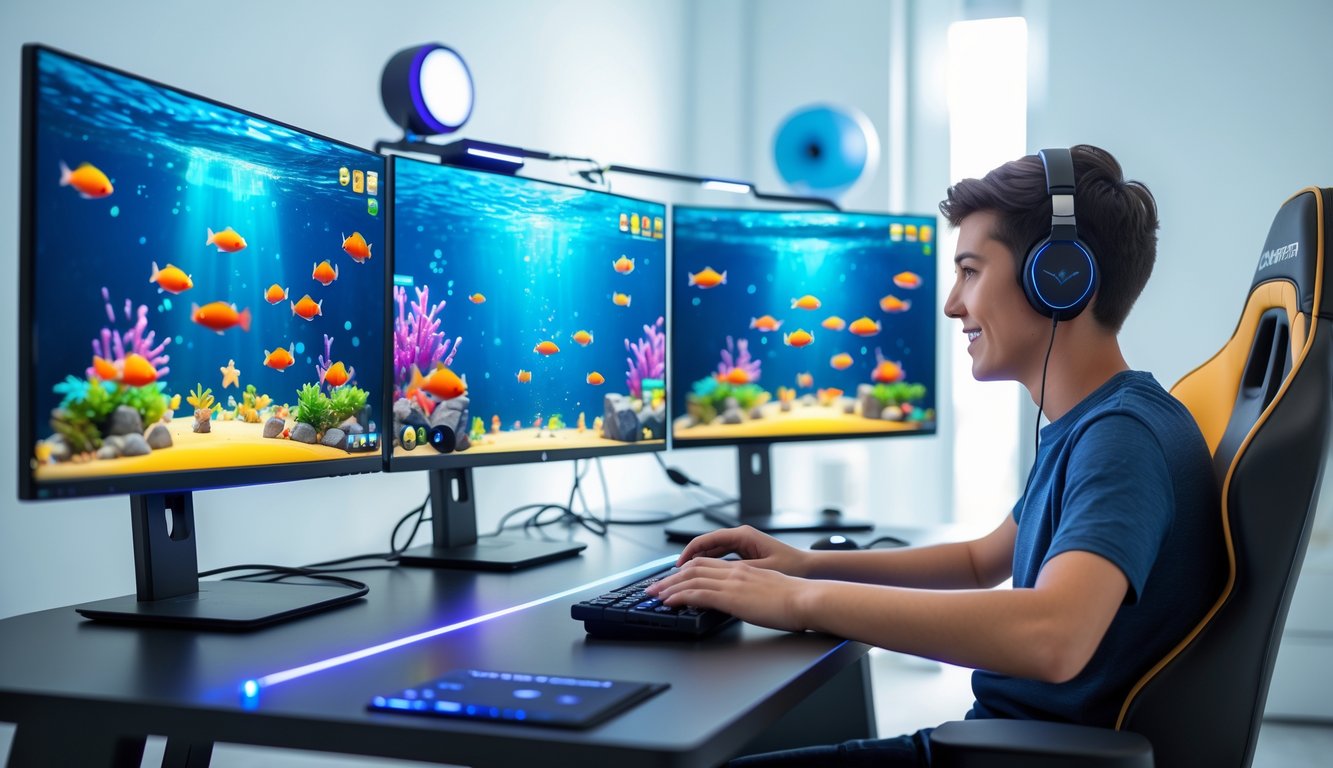 Seorang pemain muda sedang bermain game tembak ikan di komputer dengan layar menampilkan grafis bawah laut berwarna-warni.