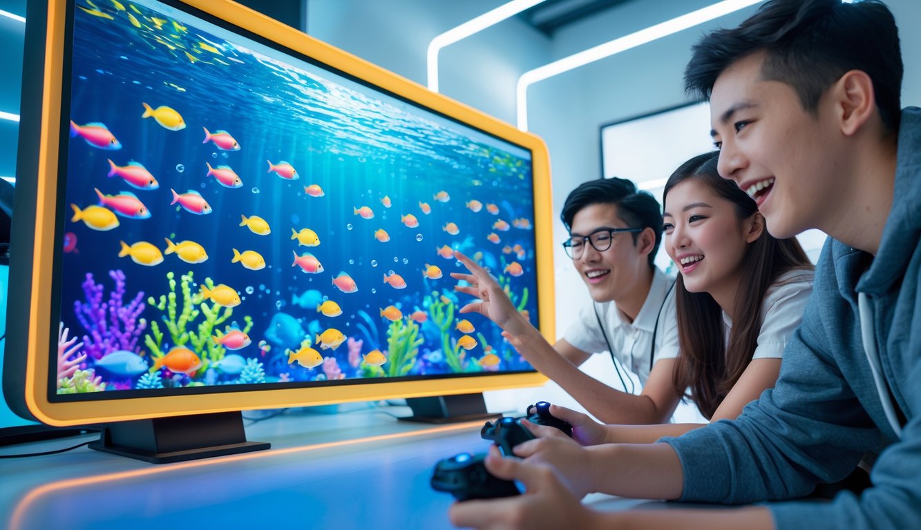 Sekelompok pemain muda sedang bermain permainan tembak ikan di layar besar dengan latar ruangan modern dan pencahayaan terang.