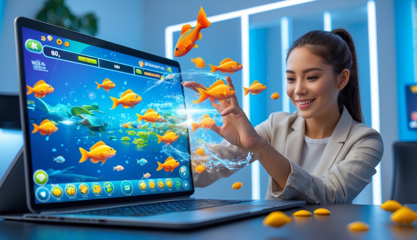 Seorang pemain muda sedang bermain game tembak ikan online di laptop dengan latar ruangan terang dan ikan-ikan berwarna-warni di layar.